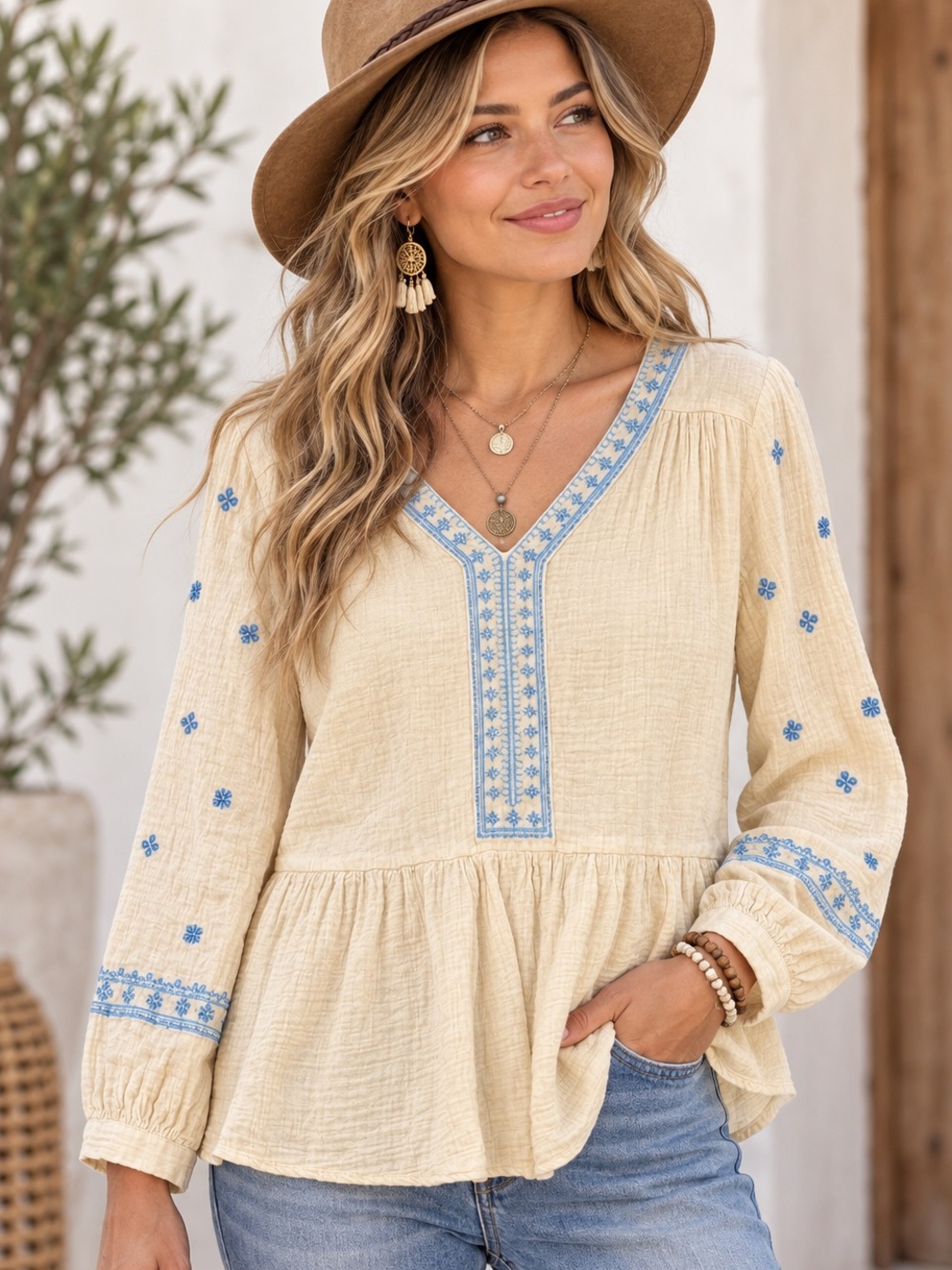 Orange Creek Embroidered Cotton Peasant Boho Blouse Women’s Size M
